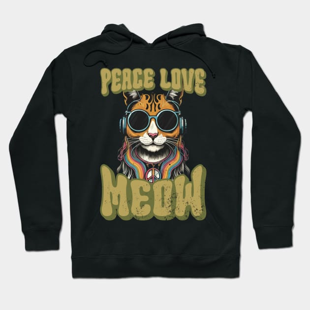 Peace Love Meow, Retro Groovy Style Hippie Cat Lover Design Hoodie by PugSwagClothing